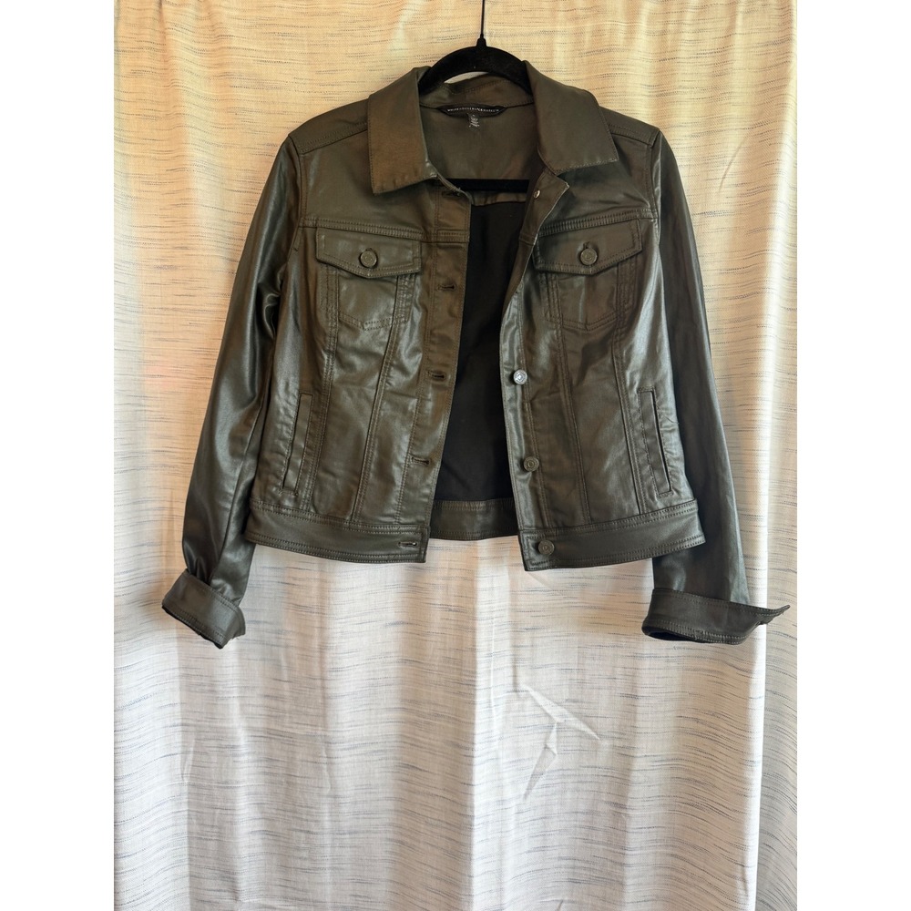 White House Black Market Olive Green Coated Denim Jacket Metallic Trucker Sz 6